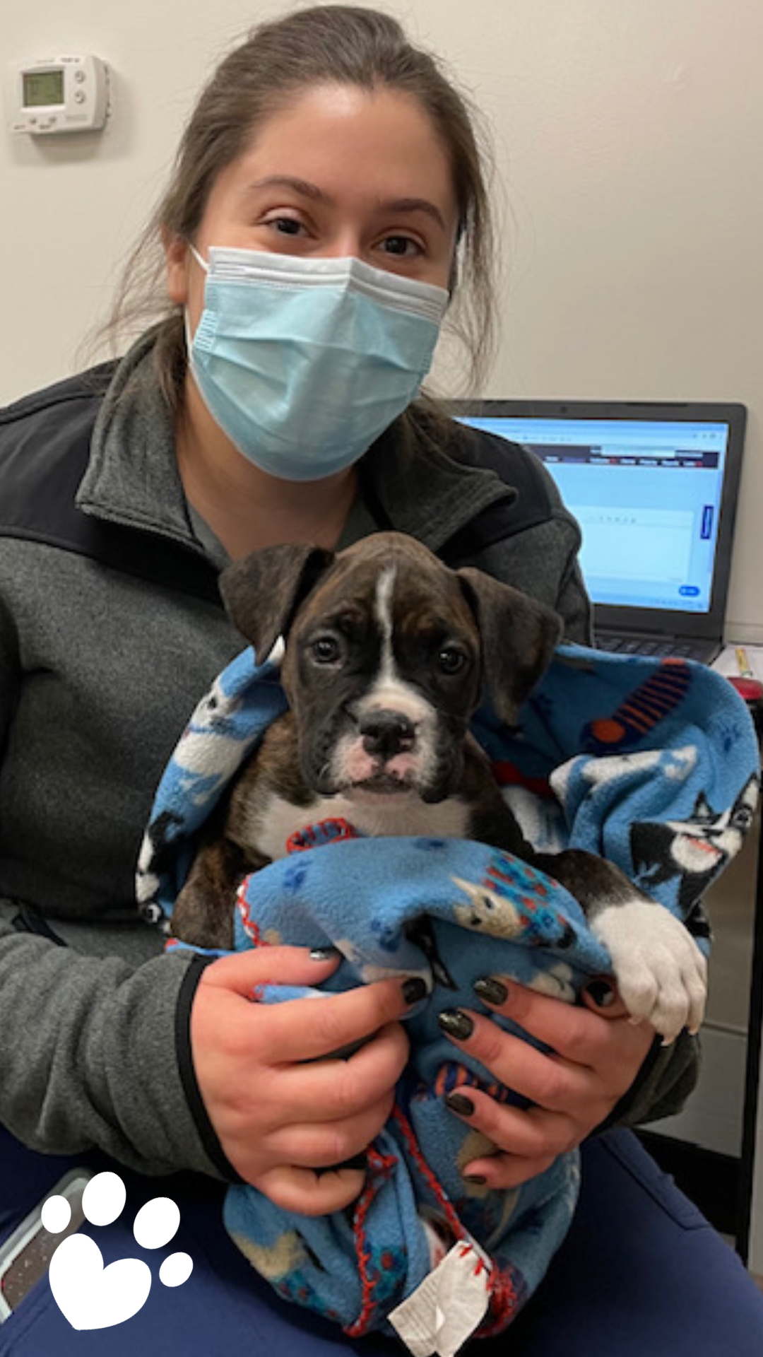 Stringtown Animal Hospital_vet tech with puppy in blanket Stringtown Animal Hospital-vet tech with puppy in blanket