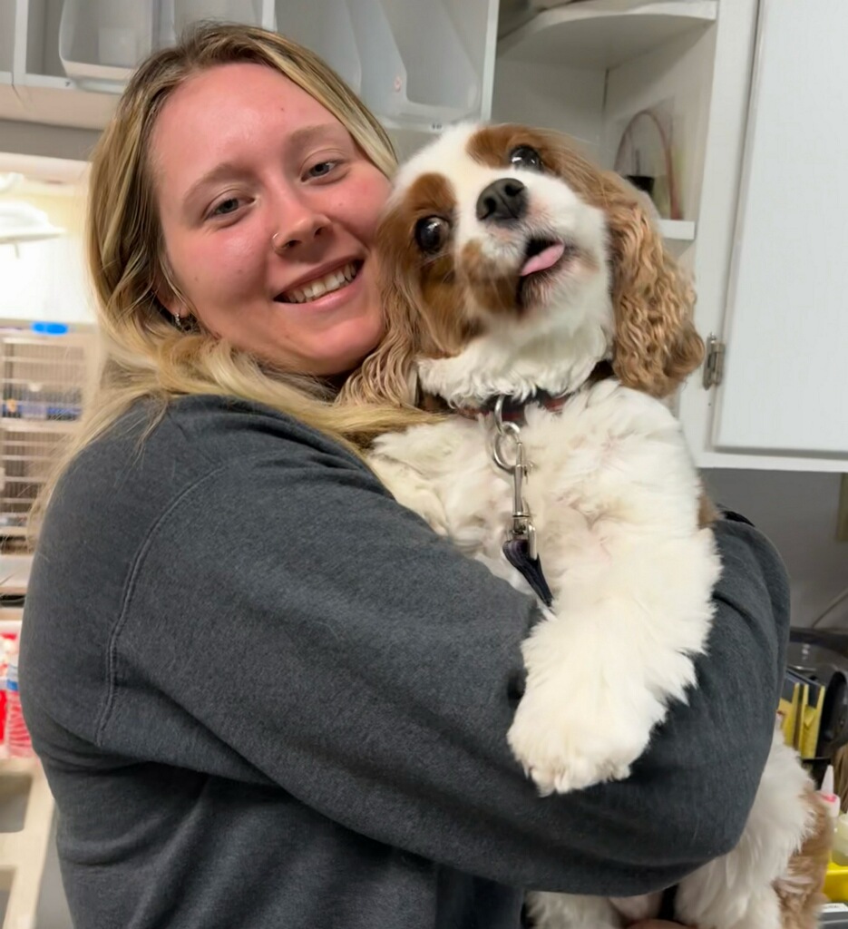 associate with dog head tilt Stringtown Animal Hospital-doctor and vet tech with rottweiler
